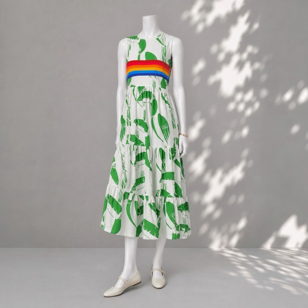 Anthropologie Farm Rio Rainbow Toucan Midi Dress S White Green Boho Cotton